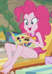 Size: 547x779 | Tagged: safe, screencap, feather bangs, pinkie pie, sci-twi, twilight sparkle, equestria girls, equestria girls series, friendship math, g4, barefoot, clothes, duo, duo female, feet, female, magazine, offscreen character, offscreen female, one-piece swimsuit, open mouth, open smile, pinkie pie swimsuit, sleeveless, smiling, solo focus, swimsuit, toes