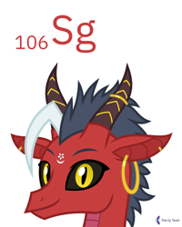 Size: 4000x5000 | Tagged: safe, artist:parclytaxel, oc, oc only, oc:zarana, dragon, series:joycall6's periodic table, .svg available, absurd resolution, black sclera, bust, chemistry, commission, dragoness, ear piercing, earring, female, horn, horn ring, jewelry, looking at you, periodic table, piercing, portrait, pun, ring, seaborgium, simple background, singapore, smiling, solo, vector, white background