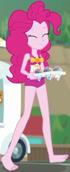 Size: 240x582 | Tagged: safe, screencap, pinkie pie, human, equestria girls, equestria girls series, g4, too hot to handle, barefoot, clothes, cropped, eyes closed, feet, one-piece swimsuit, pinkie pie swimsuit, sleeveless, smiling, snow cone, solo, swimsuit, walking