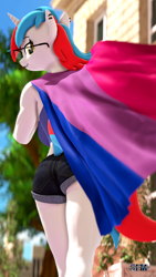 Size: 1080x1920 | Tagged: safe, artist:anthroponiessfm, oc, oc:audina puzzle, unicorn, anthro, 3d, anthro oc, ass, bisexual pride flag, butt, clothes, cute, denim shorts, ear piercing, earring, female, glasses, happy, horn, house, implied tail hole, jewelry, looking at you, looking back, looking back at you, orange eyes, outdoors, piercing, pride, pride flag, rear view, shorts, smiling, source filmmaker, tree, two toned mane, two toned tail, unicorn oc, watermark