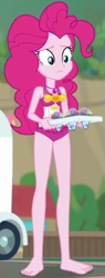 Size: 225x595 | Tagged: safe, screencap, pinkie pie, human, equestria girls, equestria girls series, g4, too hot to handle, barefoot, clothes, cropped, feet, female, food, one-piece swimsuit, pinkie pie swimsuit, sleeveless, snow cone, solo, swimsuit