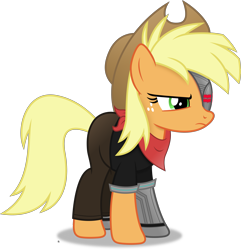 Size: 4131x4291 | Tagged: safe, artist:anime-equestria, applejack, cyborg, cyborg pony, earth pony, pony, g4, absurd resolution, alternate hairstyle, annoyed, applejack's hat, bandana, clothes, cowboy hat, female, freckles, hat, mare, robotic legs, simple background, solo, transparent background, vector