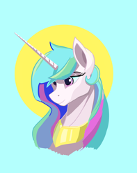 Size: 1992x2528 | Tagged: safe, artist:i love hurt, princess celestia, alicorn, pony, g4, bust, digital art, female, looking ahead, looking up, multicolored hair, peytral, portrait, rainbow hair, simple background, solo, sternocleidomastoid, violet eyes