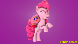 Size: 1920x1080 | Tagged: safe, artist:lancescout, pinkie pie, earth pony, pony, puffball, g4, 3d, bipedal, crossover, duo, female, kirby, kirby (series), kirby pie, male, nintendo, pink background, riding a pony, simple background, source filmmaker
