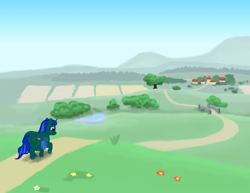 Size: 1200x926 | Tagged: safe, artist:soobel, oc, oc only, oc:dusklight blossom, alicorn, pony, alicorn oc, atg 2021, bridge, fat, female, flower, horn, mare, newbie artist training grounds, path, scenery, solo, tree, wings