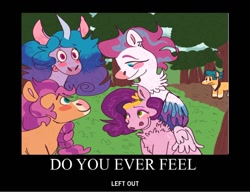 Size: 1242x955 | Tagged: safe, artist:lovelypidgeon, hitch trailblazer, izzy moonbow, pipp petals, sunny starscout, zipp storm, earth pony, pegasus, pony, unicorn, g5, background pony hitch, demotivational poster, female, hitch trailblazer is not amused, implied hitchabuse, male, mane five, mare, meme, sad hitch, stallion, unamused