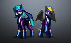 Size: 2800x1700 | Tagged: safe, artist:shido-tara, oc, oc only, oc:aurora dusk(fireverse), oc:tornado turbulence, bat pony, pegasus, pony, bat pony oc, clothes, commission, costume, fangs, latex, latex suit, male, pegasus oc, shadowbolts costume, simple background