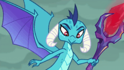 Size: 1200x676 | Tagged: safe, screencap, princess ember, dragon, g4, gauntlet of fire, animated, bloodstone scepter, cute, dragoness, emberbetes, eyes closed, female, flying, laughing, open mouth, solo