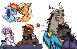 Size: 500x324 | Tagged: source needed, safe, artist:hiawu, applejack, button mash, discord, king sombra, rainbow dash, sweetie belle, pony, g4, blushing, chest fluff, earbuds, female, gay, hoof hold, lesbian, male, milkshake, nuzzling, ship:appledash, ship:sweetiemash, shipping, sombracord, straight