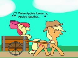 Size: 1000x750 | Tagged: safe, artist:blazewing, apple bloom, applejack, earth pony, pony, g4, apple bloom's bow, applejack's hat, apples to the core, atg 2021, bow, cloud, cowboy hat, dirt road, drawpile, eyes closed, female, grass, hair bow, happy, hat, music notes, newbie artist training grounds, siblings, singing, sisters, sky, smiling, text, wagon