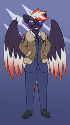 Size: 1500x2667 | Tagged: safe, artist:askavrobishop, oc, oc:bishop, pegasus, anthro, plantigrade anthro, clothes, female, jacket, leather jacket, mare, spread wings, sunglasses, uniform, wings