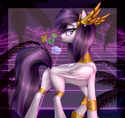 Size: 2175x2053 | Tagged: safe, artist:lina, oc, oc only, oc:athena (shawn keller), pegasus, pony, guardians of pondonia, alcohol, armor, bracelet, butt, cocktail umbrella, concave belly, crown, dock, female, headdress, high res, jewelry, lime, magic, mare, margarita, necklace, plot, regalia, slender, smiling, solo, thin, wings