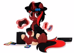 Size: 2048x1464 | Tagged: safe, artist:kittyrosie, oc, oc only, pony, cellphone, clothes, controller, cute, game console, hat, jacket, looking at you, male, ocbetes, phone, raised hoof, sitting, smartphone, smiling, smiling at you, solo, stallion