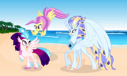 Size: 1024x619 | Tagged: safe, artist:velveagicsentryyt, ocean flow, queen novo, oc, oc:laureate, classical hippogriff, hippogriff, g4, my little pony: the movie, beach, deviantart watermark, female, hippogriff ocean flow, like mother like daughter, like parent like child, mother and child, mother and daughter, obtrusive watermark, show accurate, siblings, sisters, watermark, young, younger