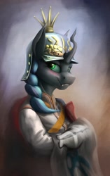 Size: 1605x2550 | Tagged: safe, artist:richmay, queen chrysalis, changeling, changeling queen, equestria at war mod, g4, alternate hairstyle, bust, clothes, fangs, female, flag, helmet, looking at you, military, military uniform, portrait, smiling, solo, uniform