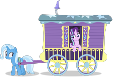 Size: 4906x3080 | Tagged: safe, artist:starcollider, starlight glimmer, trixie, pony, unicorn, g4, road to friendship, atg 2021, duo, duo female, female, mare, newbie artist training grounds, show accurate, simple background, transparent background, trixie's wagon, vector