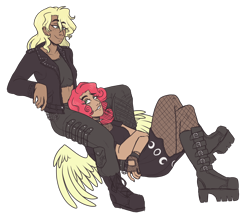 Size: 2900x2500 | Tagged: safe, artist:monnarcha, applejack, strawberry sunrise, human, g4, alternate hairstyle, bedroom eyes, belly button, boots, chains, clothes, commission, dark skin, ear piercing, earring, female, fingerless gloves, fishnet stockings, freckles, gloves, goth, grin, high heel boots, high res, humanized, jeans, jewelry, lesbian, midriff, nail polish, pants, pantyhose, piercing, platform boots, ship:applerise, shipping, shoes, simple background, skirt, smiling, tank top, transparent background, winged humanization, wings, wristband