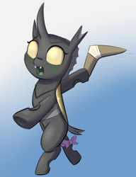 Size: 1462x1904 | Tagged: safe, artist:heretichesh, oc, oc:konica, changeling, bipedal, boomerang, bow, changeling oc, colored, cute, fangs, simple background, solo, standing on two hooves, weapons-grade cute, yellow changeling, you died