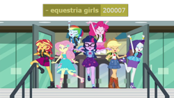Size: 1920x1080 | Tagged: safe, screencap, applejack, fluttershy, pinkie pie, rainbow dash, rarity, sci-twi, sunset shimmer, twilight sparkle, derpibooru, equestria girls, g4, my little pony equestria girls: better together, the last day of school, applejack's hat, armpits, backpack, clothes, cowboy hat, eyes closed, female, fluttershy boho dress, glasses, hands in the air, hat, humane five, humane seven, humane six, meta, open mouth, rarity peplum dress, tags