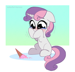 Size: 2150x2076 | Tagged: safe, artist:syrupyyy, sweetie belle, pony, unicorn, g4, adorable distress, blushing, crying, cute, diasweetes, dropped ice cream, female, filly, floppy ears, food, high res, ice cream, ice cream cone, missing cutie mark, sad, sadorable, solo