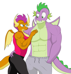 Size: 1676x1747 | Tagged: safe, artist:matchstickman, smolder, spike, dragon, anthro, g4, abs, beefspike, biceps, breasts, busty smolder, clothes, deltoids, dragoness, female, hand on chest, hand on hip, implied tail hole, lizard breasts, looking at each other, male, muscles, muscular female, muscular male, pants, partial nudity, pecs, ship:spolder, shipping, shirt, simple background, sleeveless, sleeveless shirt, straight, swolder, topless, white background, winged spike, wings