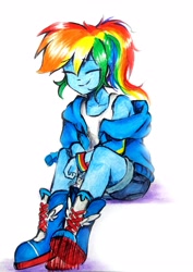 Size: 2572x3642 | Tagged: safe, artist:liaaqila, kotobukiya, rainbow dash, equestria girls, g4, clothes, cute, dashabetes, eyes closed, female, foot tapping, high res, jacket, marker drawing, simple background, smiling, solo, tapping, traditional art, white background