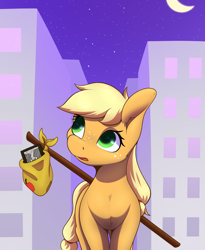 Size: 1636x2000 | Tagged: safe, artist:aquaticvibes, applejack, earth pony, pony, g4, the cutie mark chronicles, atg 2021, crescent moon, female, filly, filly applejack, freckles, hatless, journey, looking up, mare, missing accessory, moon, newbie artist training grounds, night, open mouth, sack, scene interpretation, solo, younger