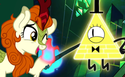 Size: 780x480 | Tagged: safe, autumn blaze, kirin, g4, bill cipher, crossover, deal with the devil, duo, female, gravity falls, male, one eye open, one eyed, this will end in possession, this will not end well, weirdmageddon 4: somewhere in the woods