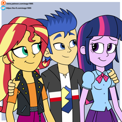 Size: 1080x1080 | Tagged: safe, artist:eagc7, flash sentry, sunset shimmer, twilight sparkle, equestria girls, g4, clothes, female, flash sentry gets all the waifus, ko-fi, male, ot3, patreon, patreon reward, polyamory, ship:flashimmer, ship:flashlight, shipping, simple background, straight