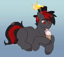 Size: 3697x3296 | Tagged: safe, artist:helemaranth, oc, oc only, oc:varan, earth pony, pony, fire, food, hat, high res, ice cream, ice cream cone, solo
