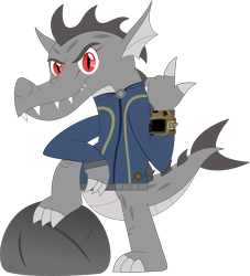 Size: 3224x3546 | Tagged: safe, artist:php170, artist:porygon2z, oc, oc only, oc:draco axel, dragon, fallout equestria, clothes, dragon oc, fallout, feet, high res, jumpsuit, looking at you, male, rock, simple background, smiling, smiling at you, solo, teeth, transparent background, vault suit, vector