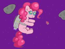 Size: 1280x960 | Tagged: safe, artist:limitmj, pinkie pie, earth pony, pony, g4, atg 2021, backpack, cupcake, cute, female, floating, food, heart eyes, jetpack, mare, newbie artist training grounds, solo, space, starry eyes, wingding eyes