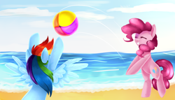 Size: 3500x2000 | Tagged: safe, artist:voilet14, pinkie pie, rainbow dash, earth pony, pegasus, pony, g4, beach, beach ball, bipedal, duo, duo female, female, high res, mare, ocean, sports, volleyball