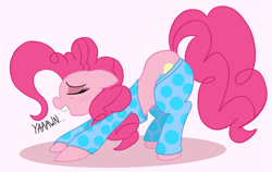 Size: 2443x1542 | Tagged: safe, artist:legendoflink, pinkie pie, earth pony, pony, g4, balloonbutt, blushing, butt, clothes, cute, diapinkes, face down ass up, female, floppy ears, mare, pajamas, plot, simple background, sleepy, yawn