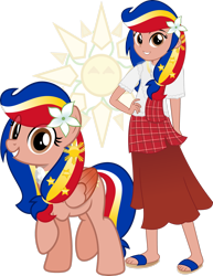Size: 2151x2789 | Tagged: safe, artist:jhayarr23, oc, oc only, oc:pearl shine, human, pegasus, pony, equestria girls, g4, duality, eye clipping through hair, female, grin, hand on hip, high res, human ponidox, independence day, looking at you, mare, nation ponies, pegasus oc, philippines, raised hoof, self ponidox, smiling, smiling at you, solo