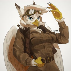 Size: 3082x3082 | Tagged: safe, artist:egil, oc, oc only, griffon, anthro, anthro oc, belt, commission, commissioner:weeb nota, female, goggles, griffon oc, high res, looking at you, simple background, solo