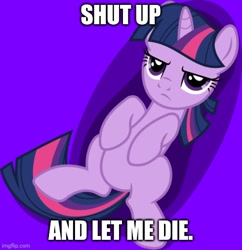 Size: 500x516 | Tagged: safe, artist:dewlshock, twilight sparkle, pony, g4, caption, front view, frown, image macro, lying down, meme, purple background, simple background, solo, text, twilight sparkle is not amused, unamused