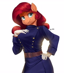 Size: 3182x3592 | Tagged: safe, artist:egil, oc, oc only, oc:cinnarose, earth pony, anthro, belt, clothes, commission, commissioner:weeb nota, gloves, hand on hip, high res, simple background, solo, uniform, white background