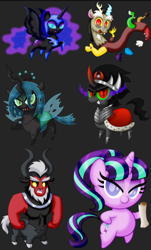Size: 720x1195 | Tagged: safe, artist:aleximusprime, discord, king sombra, lord tirek, nightmare moon, queen chrysalis, starlight glimmer, alicorn, centaur, changeling, changeling queen, draconequus, pony, unicorn, g4, season 5, the cutie re-mark, angry, bipedal, black background, chibi, cute, discute, female, male, mare, s5 starlight, scroll, simple background, sombra eyes, stallion, villains of equestria