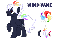 Size: 1596x1080 | Tagged: safe, artist:jvartes6112, oc, oc only, oc:wind vane, pegasus, pony, male, multicolored hair, offspring, parent:rainbow dash, parent:soarin', parents:soarindash, pegasus oc, pinwheel (toy), rainbow hair, raised hoof, reference sheet, simple background, smiling, solo, stallion, transparent background, wings