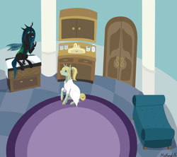 Size: 6947x6164 | Tagged: safe, artist:misskanabelle, queen chrysalis, oc, changeling, changeling queen, pony, g4, clothes, doctor, duo, female, indoors, lab coat, pregnancy test, signature, sitting, story included