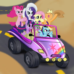 Size: 2000x2000 | Tagged: safe, artist:darksly, applejack, fluttershy, pinkie pie, rainbow dash, rarity, spike, twilight sparkle, alicorn, dragon, earth pony, pegasus, pony, unicorn, g4, applejack's hat, atg 2021, car, cowboy hat, dune buggy, female, hat, high res, male, mane seven, mane six, map, mare, newbie artist training grounds, road, tongue out, twilight sparkle (alicorn)