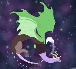 Size: 1750x1592 | Tagged: safe, artist:misskanabelle, oc, oc only, oc:constellation, draconequus, draconequus oc, flying, interspecies offspring, male, night, offspring, parent:discord, parent:ursa major, signature, solo, stars