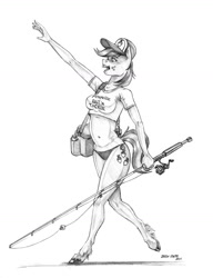 Size: 1000x1304 | Tagged: safe, artist:baron engel, hayseed turnip truck, anthro, unguligrade anthro, g4, belly button, breasts, busty hayseed turnip truck, clothes, cooler, fishing rod, monochrome, patreon, patreon reward, pencil drawing, rule 63, shirt, simple background, swimsuit, t-shirt, traditional art, waving, white background