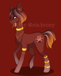 Size: 1080x1350 | Tagged: safe, artist:sia.brony, oc, oc only, earth pony, pony, choker, ear piercing, earth pony oc, eyelashes, female, jewelry, mare, necklace, piercing, red background, simple background, smiling, solo