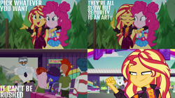 Size: 1280x720 | Tagged: safe, edit, edited screencap, editor:quoterific, screencap, curly winds, pinkie pie, some blue guy, sunset shimmer, equestria girls, equestria girls specials, g4, my little pony equestria girls: better together, my little pony equestria girls: sunset's backstage pass, clothes, cute, cutie mark, cutie mark on clothes, diapinkes, eyes closed, female, geode of empathy, geode of sugar bombs, magical geodes, male, music festival outfit, open mouth, shimmerbetes, smiling
