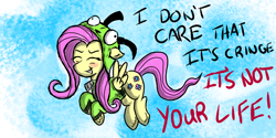Size: 2160x1080 | Tagged: safe, artist:bryastar, fluttershy, pegasus, pony, antonymph, cutiemarks (and the things that bind us), g4, blushing, clothes, eyes closed, female, fluttgirshy, flying, gir, happy, hoodie, invader zim, lyrics, mare, smiling, solo, text, vylet pony