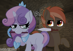 Size: 1280x900 | Tagged: safe, artist:loolaymoon, button mash, sweetie belle, earth pony, pony, unicorn, don't mine at night, g4, coal, colt, duo, duo male and female, female, filly, foal, iron, male, minecraft, pickaxe, ship:sweetiemash, shipping, straight, sword, weapon
