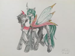 Size: 3968x2976 | Tagged: safe, artist:白乌鸦之翼, king sombra, queen chrysalis, changeling, changeling queen, g4, female, high res, larger female, male, mare, ship:chrysombra, shipping, simple background, size difference, smaller male, stallion, straight, traditional art, white background