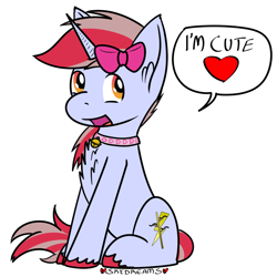 Size: 1000x1000 | Tagged: safe, artist:skydreams, oc, oc only, oc:cinnamon lightning, pony, unicorn, bell, bell collar, bow, captain obvious, chest fluff, collar, crossdressing, female to male, femboy, heart, male, patreon, patreon reward, rule 63, simple background, sitting, solo, speech bubble, truth, unshorn fetlocks, white background